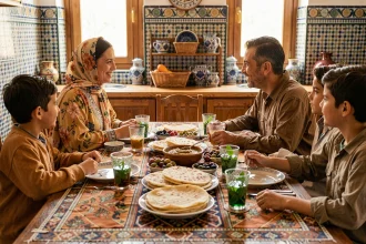 Famille marocaine réunie autour d'un petit-déjeuner traditionnel avec msemen et thé à la menthe, femme en djellaba souriant chaleureusement, ambiance authentique de cuisine carrelée en zellige