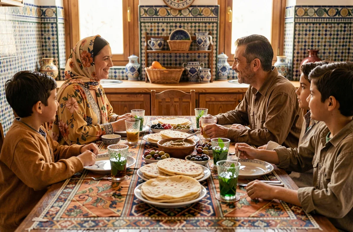 Famille marocaine réunie autour d'un petit-déjeuner traditionnel avec msemen et thé à la menthe, femme en djellaba souriant chaleureusement, ambiance authentique de cuisine carrelée en zellige