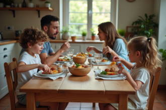 Famille française autour d'une table en cuisine chaleureuse