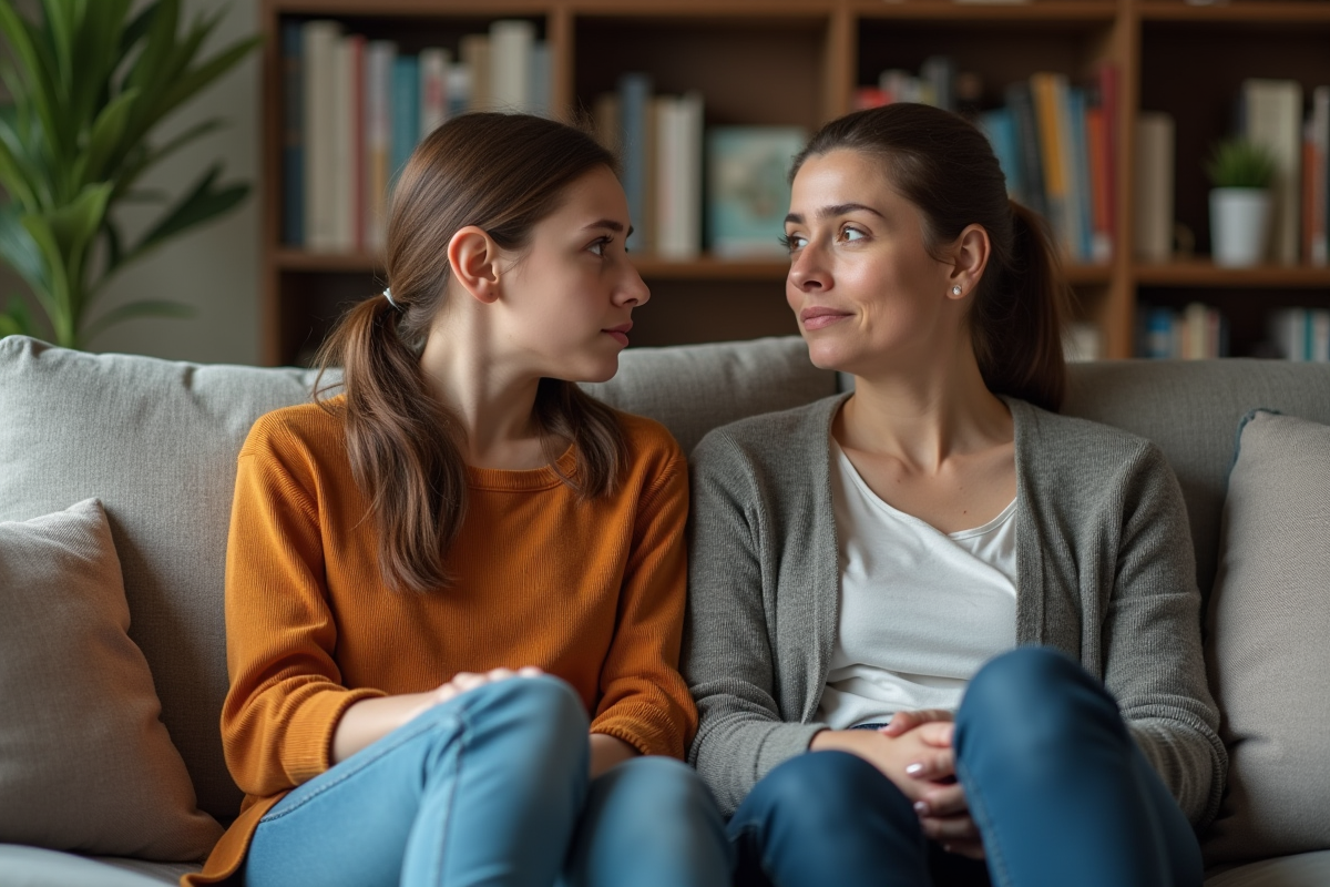 Femme et adolescente assises sur un canapé dans un salon