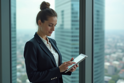 Femme d affaires confiante avec tablette dans un bureau moderne