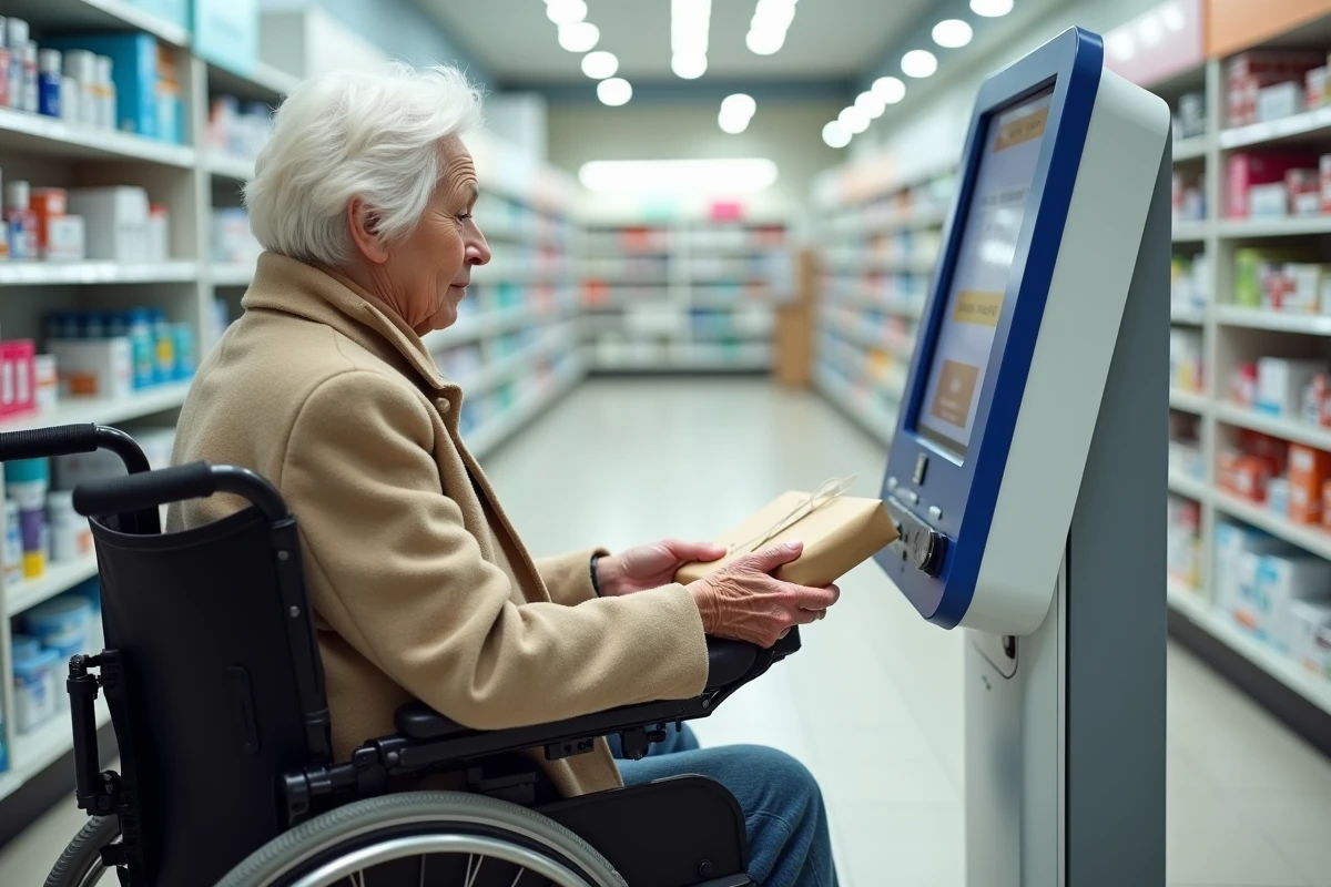 Femme âgée en fauteuil roulant motorisé utilisant une borne de dépôt de colis Mondial Relay dans une pharmacie accessible