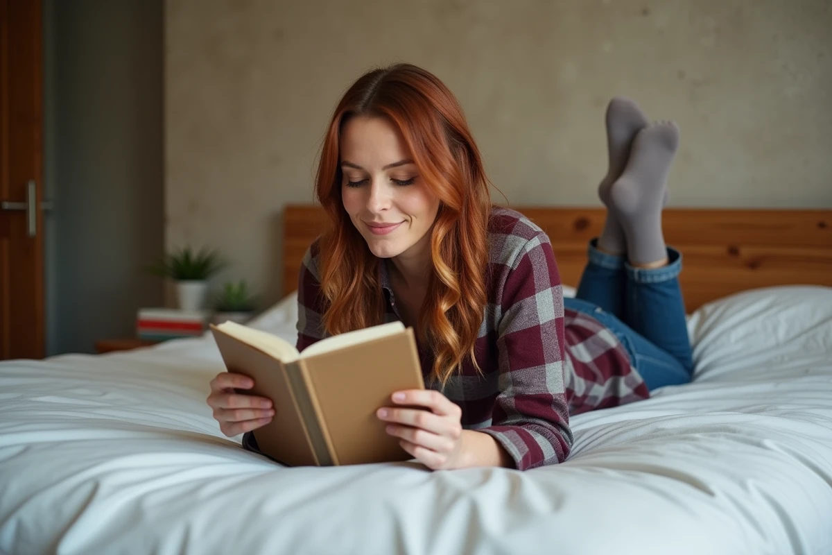 Femme allongée sur son lit lisant un roman de romance imprimé, découverte des livres romantiques pour débutants 1001ebooks