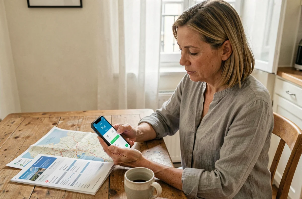 Femme utilisant une application de conversion d'unités sur smartphone pour convertir 37 mph en kilomètres par heure, assise à une table avec une carte routière