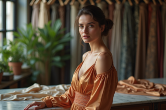 Femme en robe de couture dans un atelier élégant