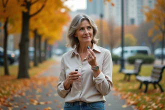 Femme d'âge moyen tenant une pile AA dans un parc automnal