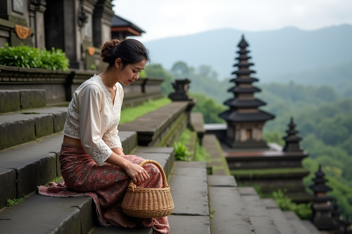 Femme balinaise en kebaya déposant une offrande au temple