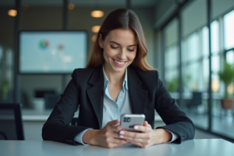 Jeune femme d'affaires utilisant son smartphone pour la banque