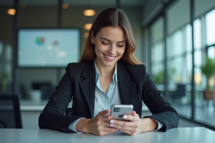 Jeune femme d'affaires utilisant son smartphone pour la banque