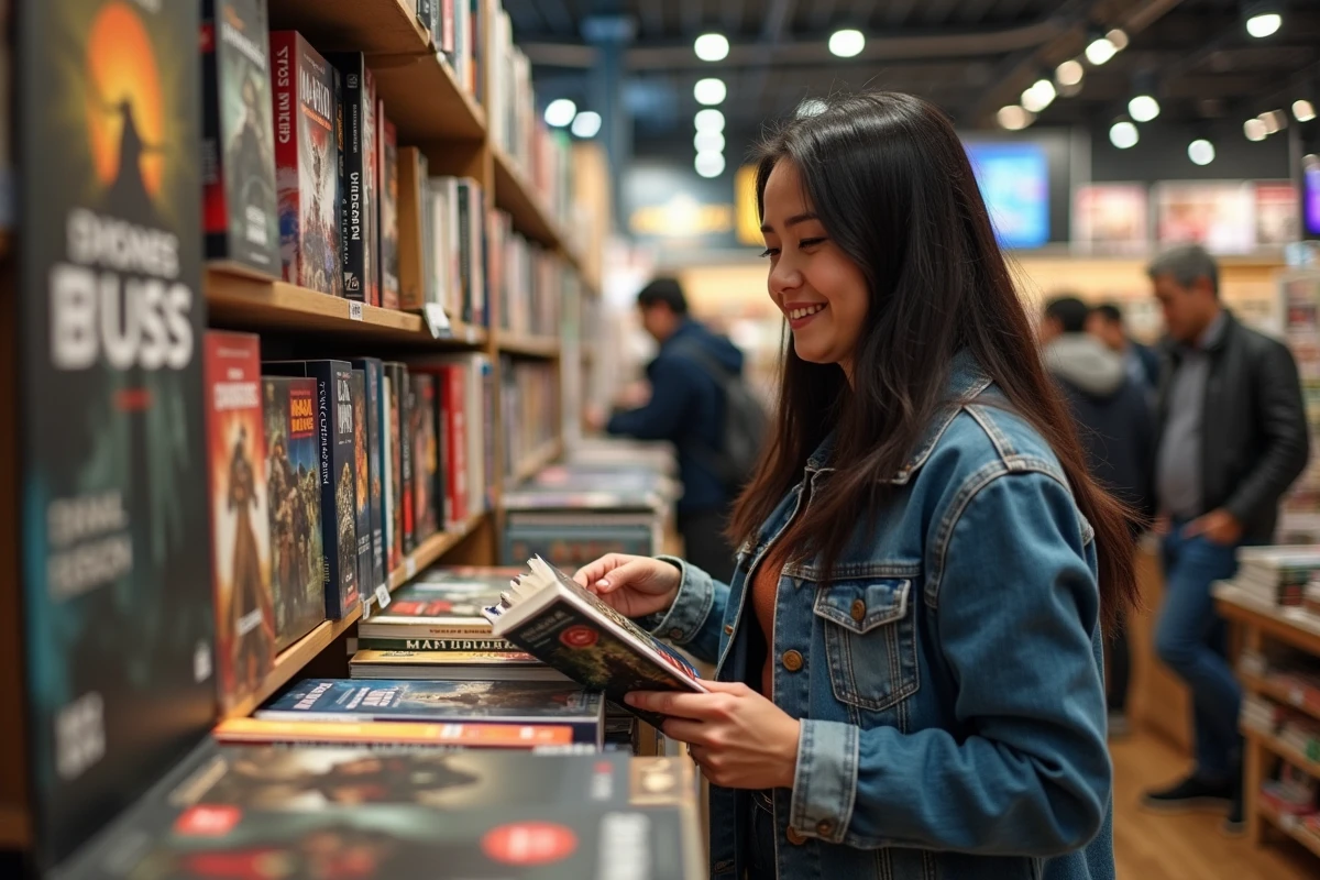 Femme cherchant un livre Warhammer dans une librairie animée