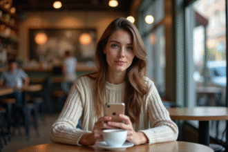 Jeune femme lisant un blog mode au café