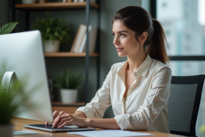 Femme concentrée travaillant sur son ordinateur dans un bureau moderne