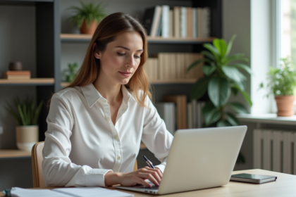 Femme au bureau organisant un email dans un intérieur moderne