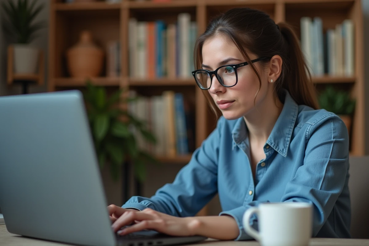 Jeune femme concentrée devant son ordinateur dans un bureau cosy