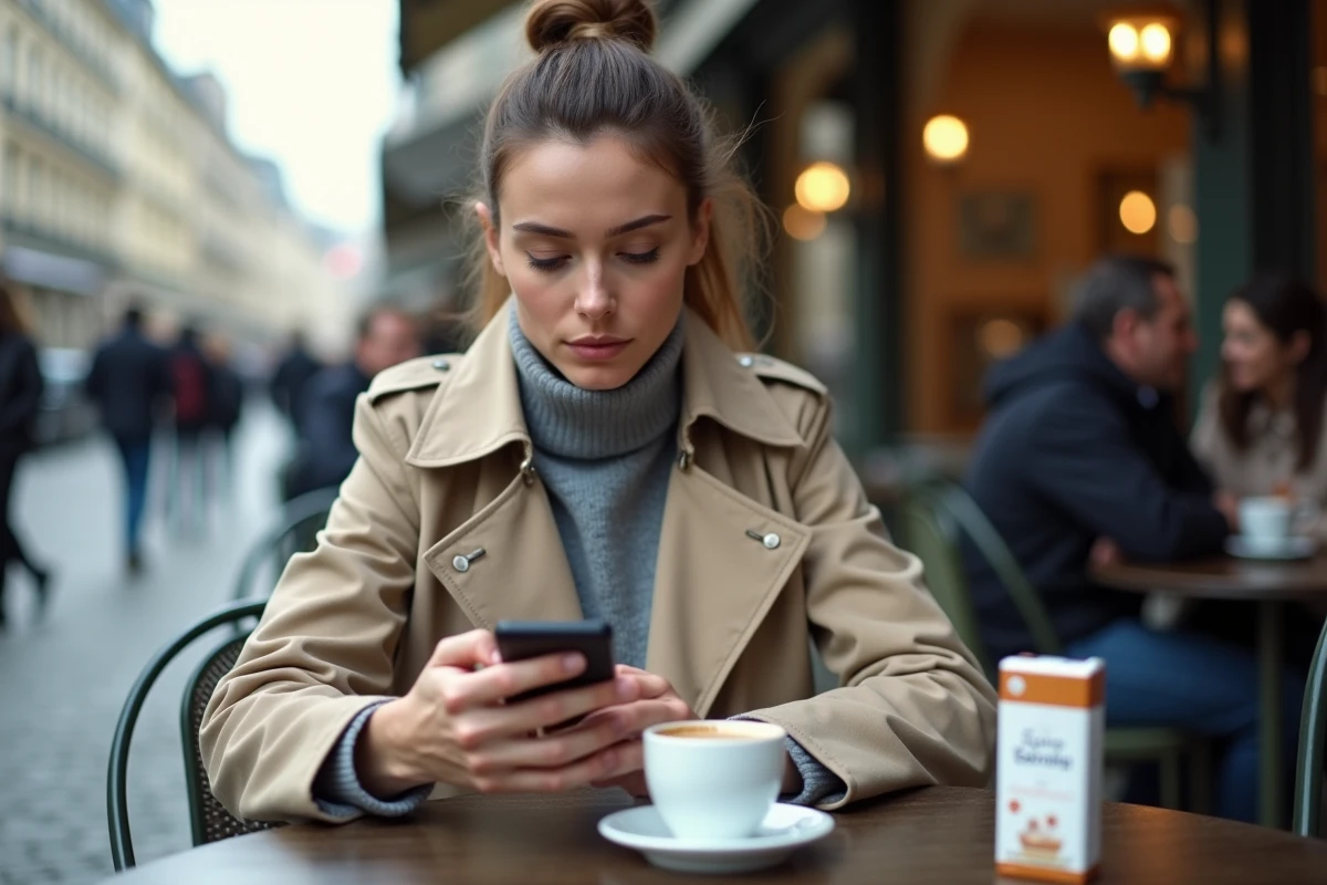 Une femme française en terrasse de café parisien avec une cartouche de cigarettes posée sur la table