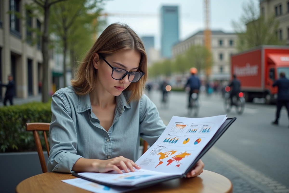 Jeune femme au café avec documents économiques en ville