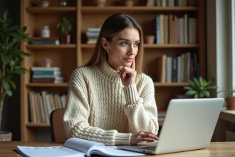 Femme utilisant une calculatrice de dates sur ordinateur portable avec un calendrier papier ouvert sur un bureau en bois