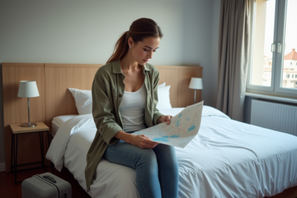 Jeune femme examine une carte de Mille dans une chambre d'hôtel