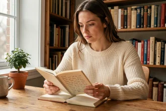 Femme pensive lisant une citation inspirante dans un journal posé sur un bureau en bois, dans un bureau à domicile chaleureux