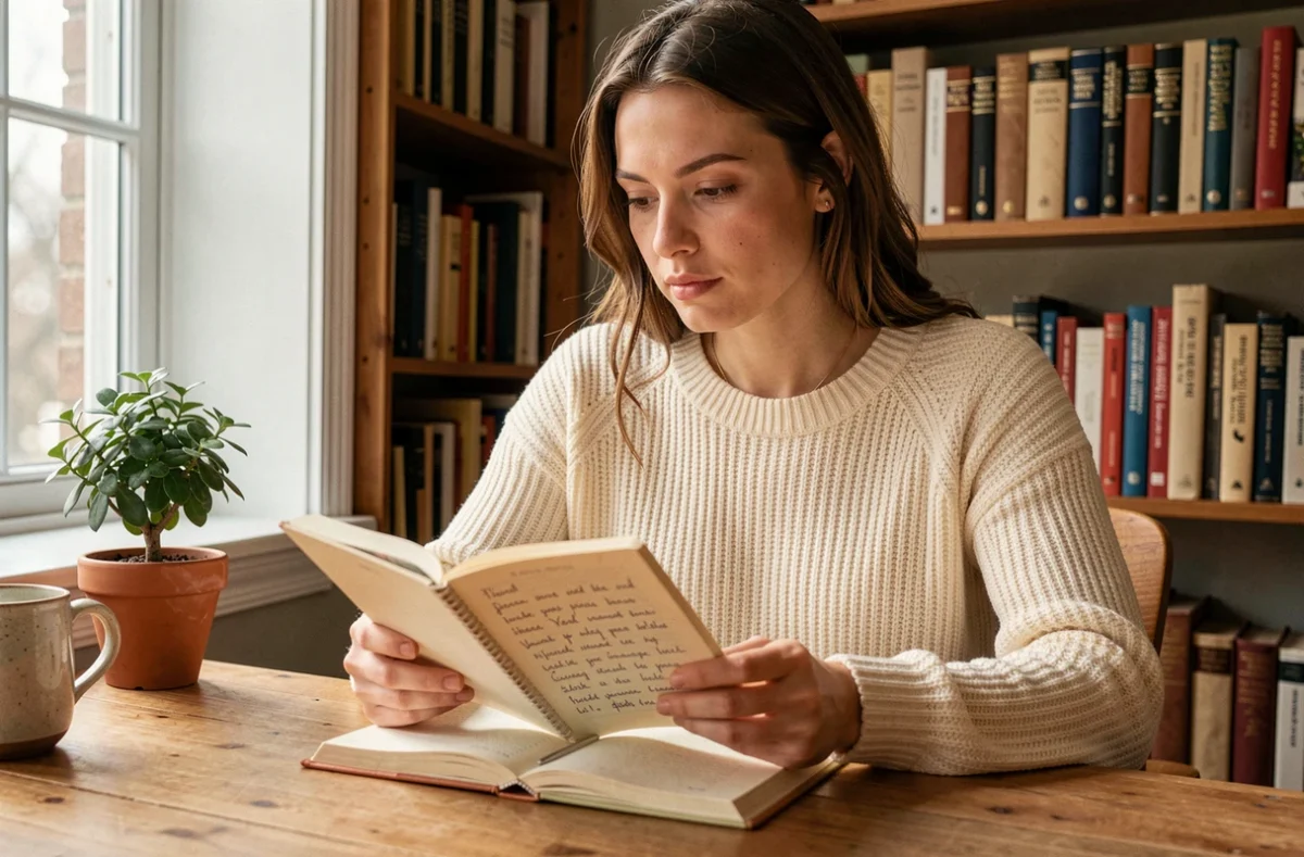 Femme pensive lisant une citation inspirante dans un journal posé sur un bureau en bois, dans un bureau à domicile chaleureux