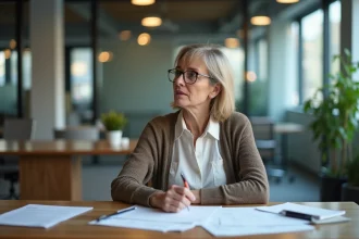 Femme d'âge moyen dans un bureau moderne contemplant la fenêtre