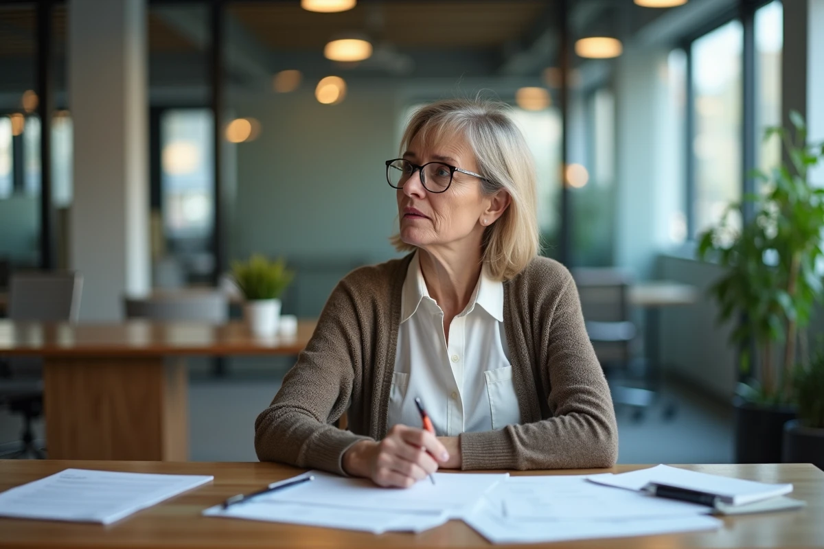 Femme d'âge moyen dans un bureau moderne contemplant la fenêtre