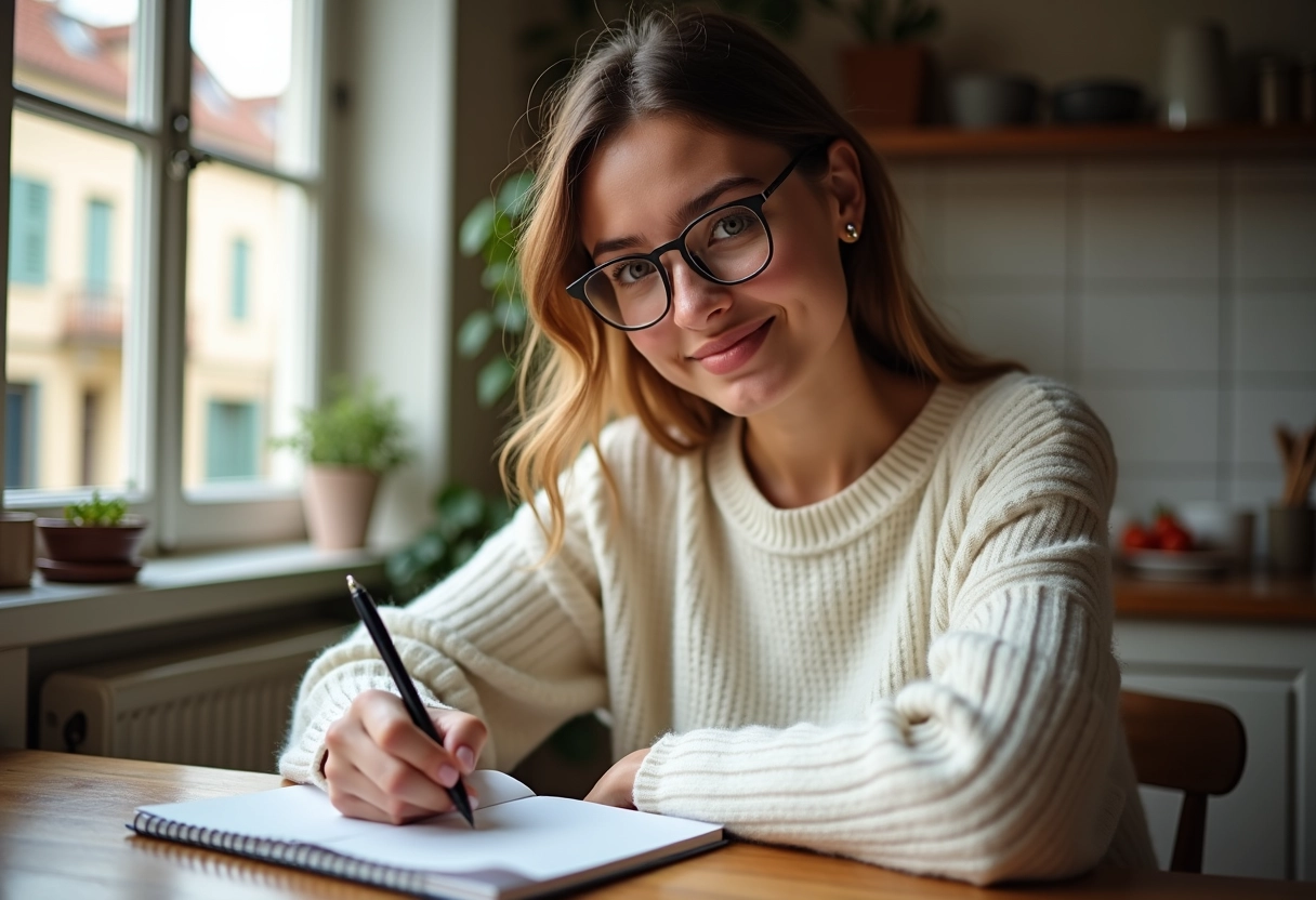 Jeune femme écrivant dans un carnet à la cuisine ensoleillée