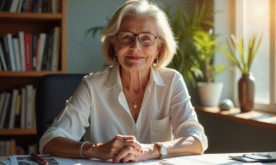 Femme élégante assise à un bureau ensoleille avec magazines de mode