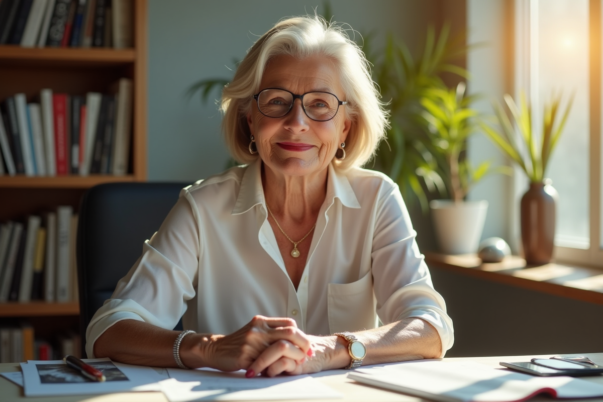 Femme élégante assise à un bureau ensoleille avec magazines de mode