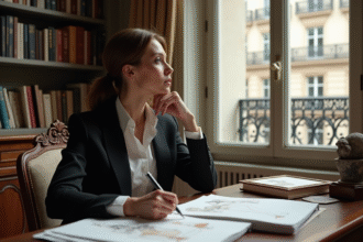 Femme élégante en bureau parisien avec croquis de mode