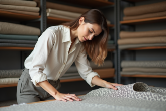 Femme en studio examinant un tissu texturé et pattern