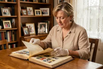 Une femme âgée examine soigneusement un album de timbres de collection hérité posé sur une table en bois, portant des gants blancs de conservation