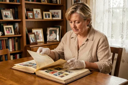 Une femme âgée examine soigneusement un album de timbres de collection hérité posé sur une table en bois, portant des gants blancs de conservation