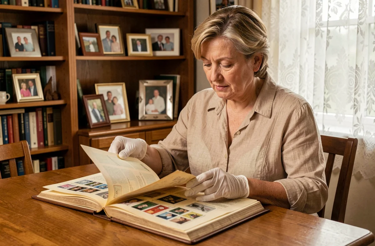 Une femme âgée examine soigneusement un album de timbres de collection hérité posé sur une table en bois, portant des gants blancs de conservation