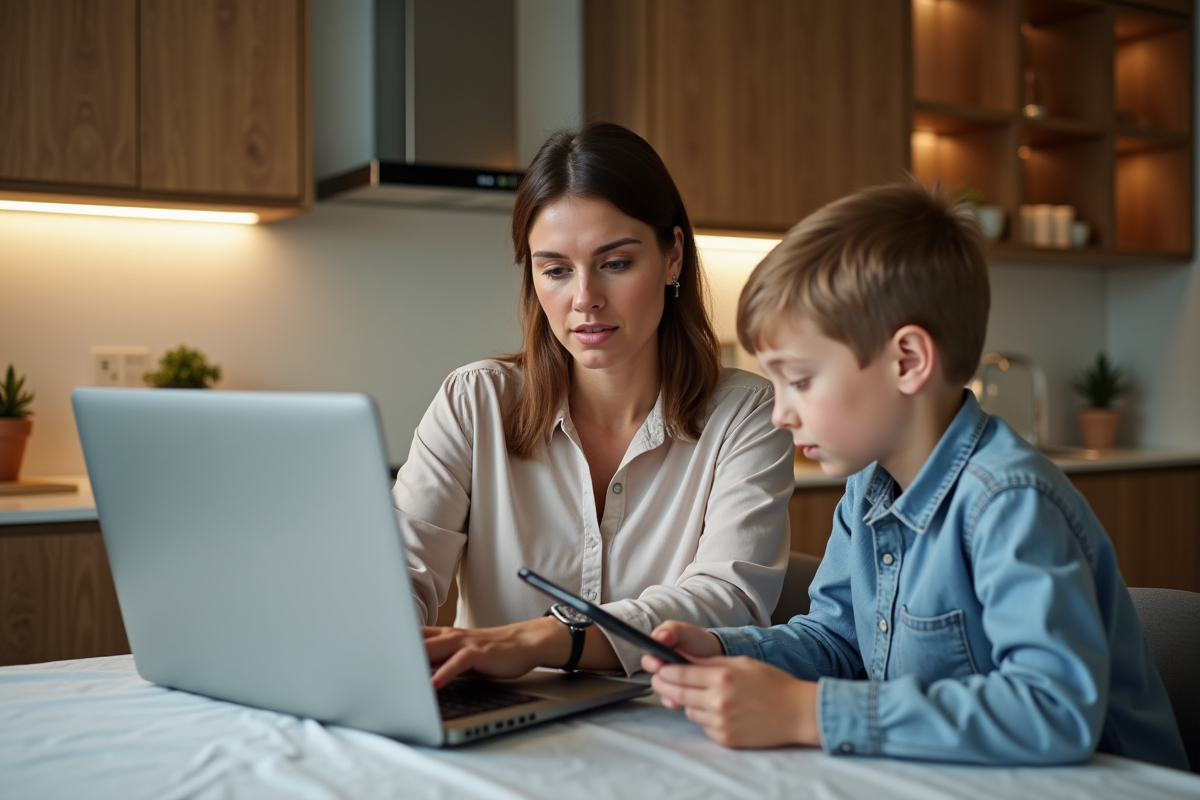 Femme et enfant utilisant des appareils numériques en cuisine