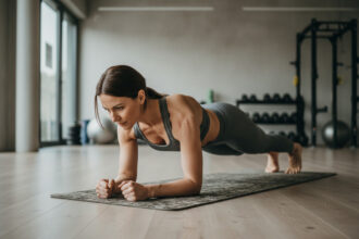 Femme en position de planche dans une salle de sport moderne