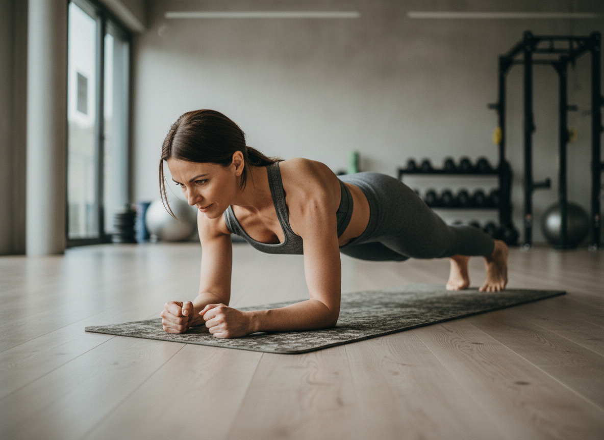Femme en position de planche dans une salle de sport moderne