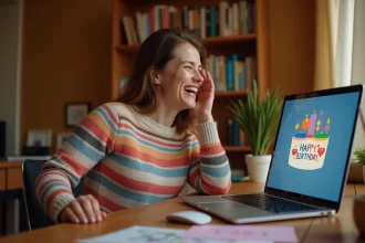 Femme souriante regardant un GIF anniversaire rigolo sur son ordinateur portable dans un bureau cosy