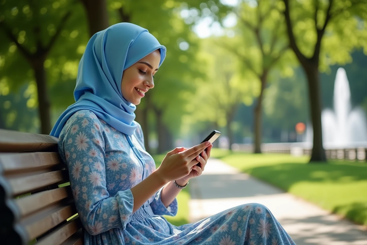 Femme consultant les horaires de prière sur smartphone en été dans un parc à Annemasse