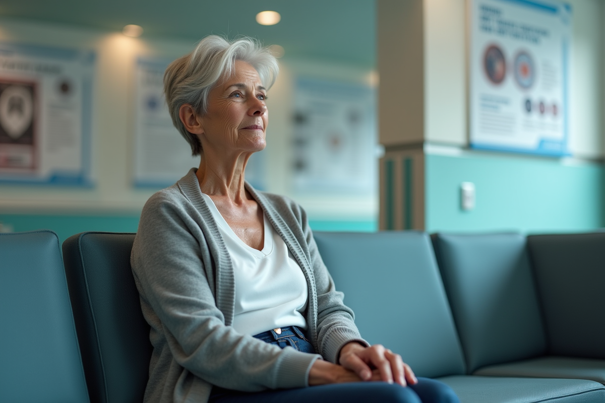 Femme d'âge moyen assise dans une salle d'attente hospitalière