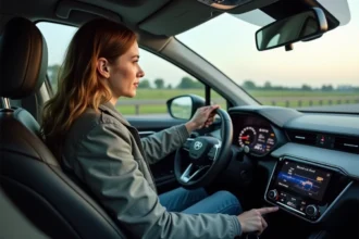 Femme dans sa voiture hybride sur l'autoroute