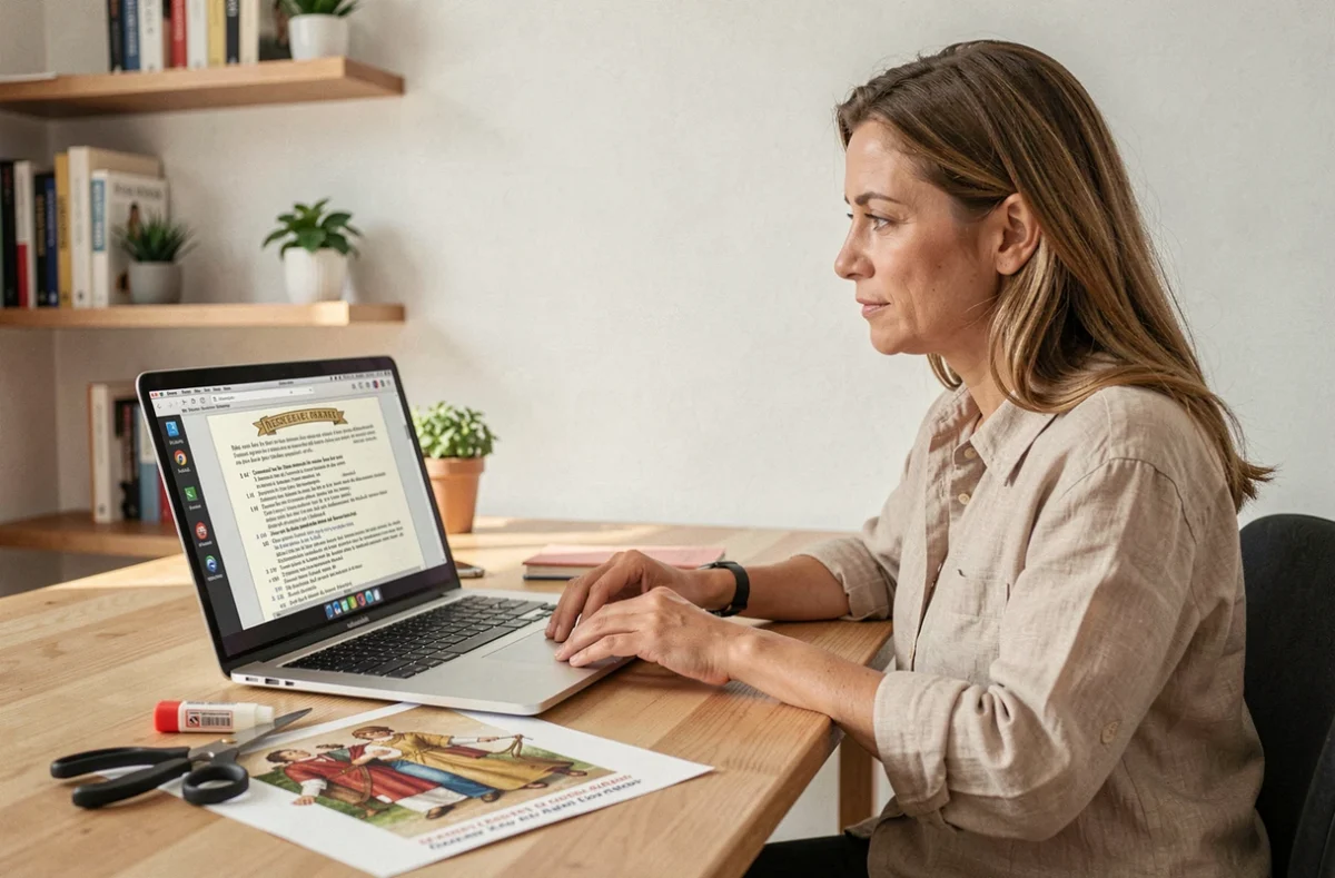 Femme imprimant et consultant un PDF de la frise des rois de France sur un ordinateur portable dans un bureau à domicile