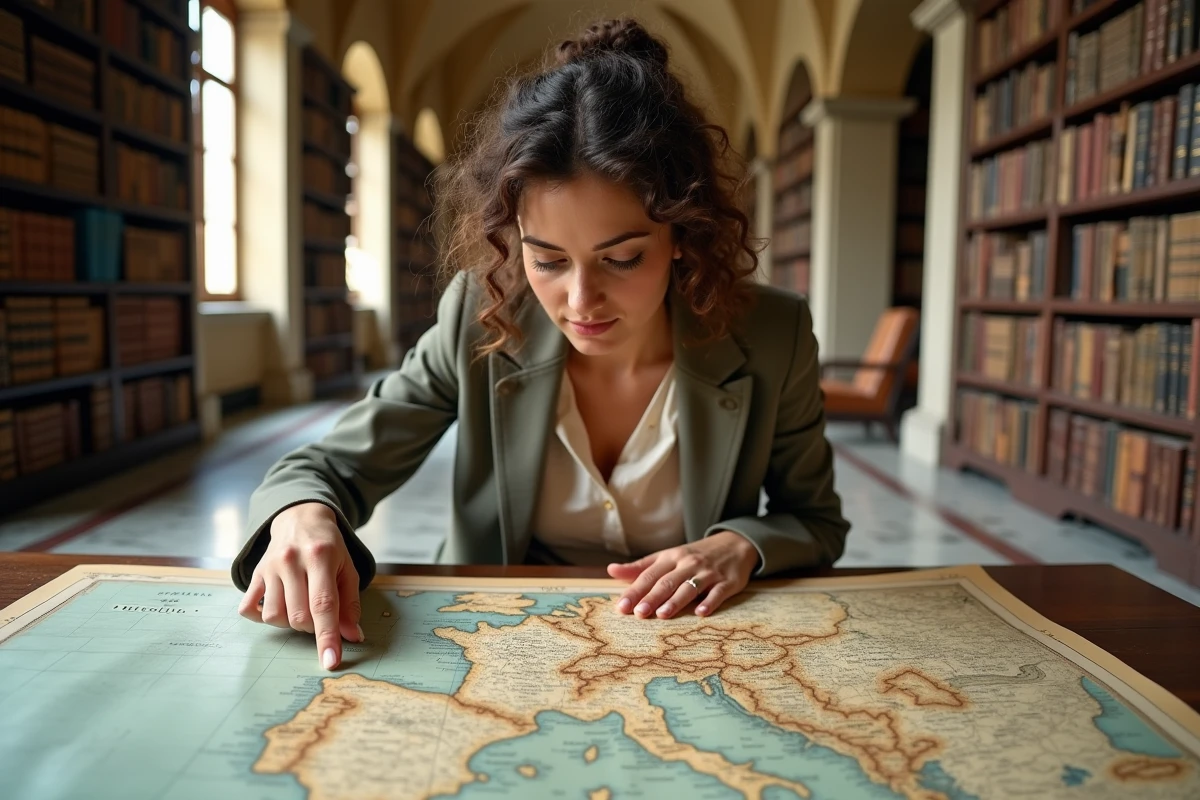 Jeune femme méditerranéenne étudiant une carte ancienne