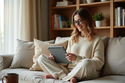 Femme lisant un roman de romance sur une liseuse numérique installée confortablement dans son salon, guide 1001ebooks pour débutants