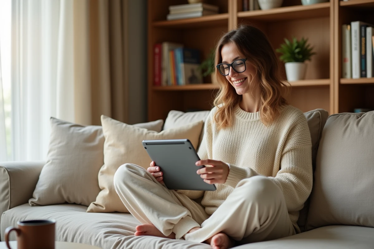Femme lisant un roman de romance sur une liseuse numérique installée confortablement dans son salon, guide 1001ebooks pour débutants