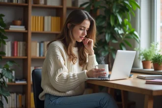 Jeune femme lisant sur son ordinateur dans un intérieur cosy