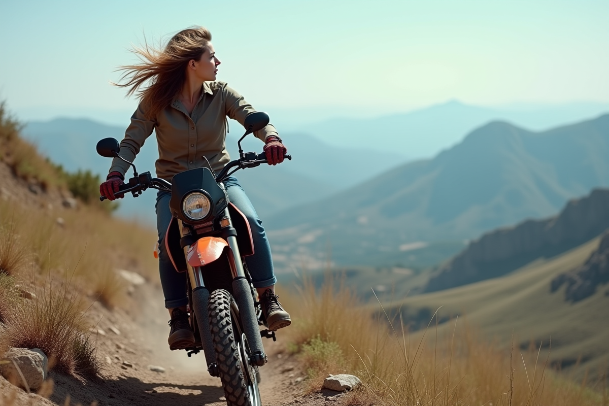 Femme confiante en moto gravissant une colline rocheuse
