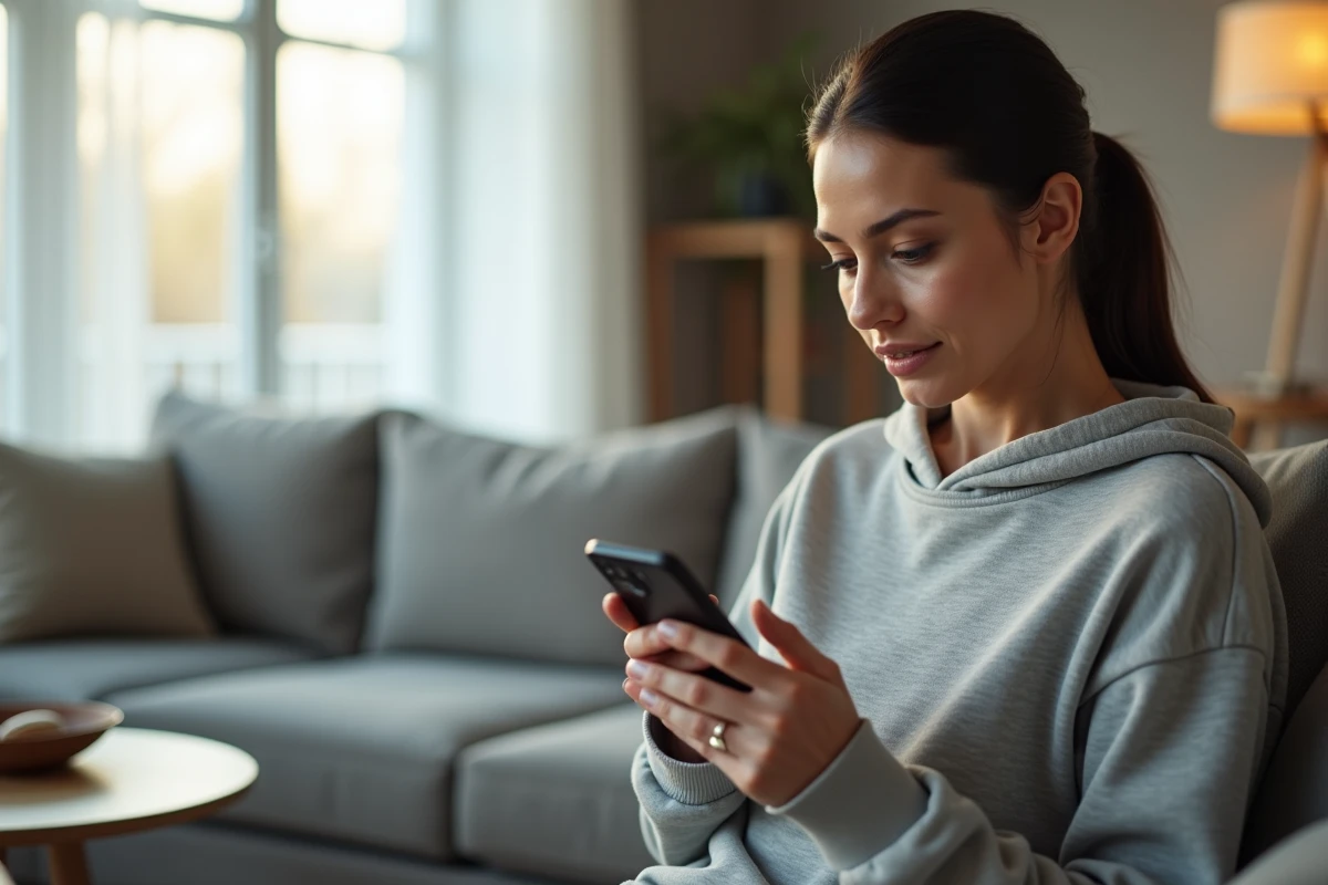Femme cherchant une nouvelle adresse de site web sur son smartphone depuis son salon, symbolisant la navigation sécurisée en 2026