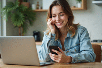 Femme en denim tenant smartphone et ordinateur pour un prêt