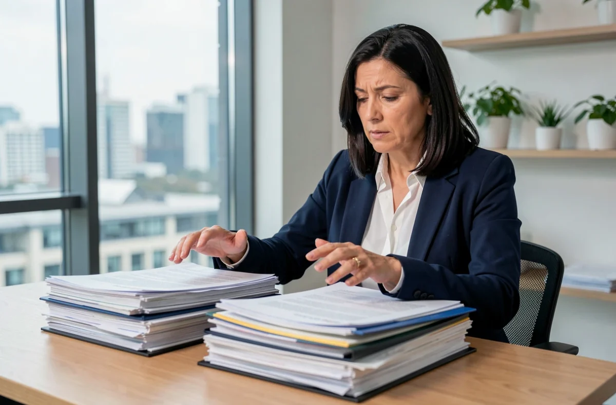 Femme d'affaires paralysée entre deux dossiers professionnels sur un bureau, métaphore visuelle du blocage décisionnel